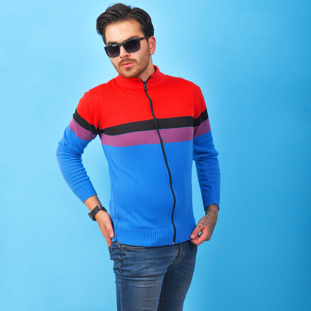 سوئیشرت بافت مردانه مدل Brenda رنگ قرمز آبی