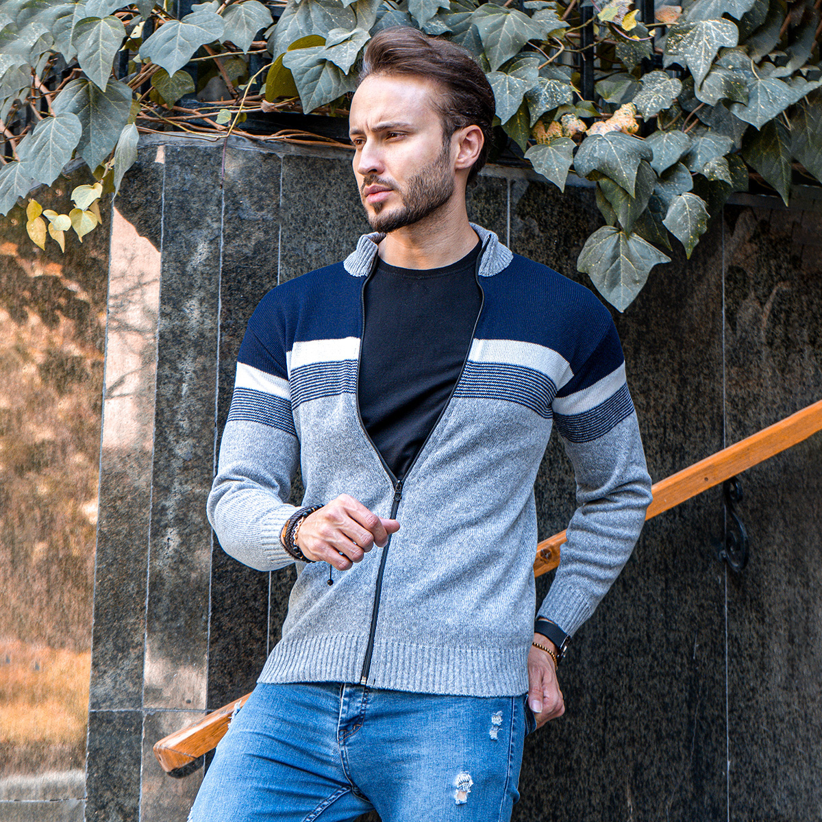 بافت مردانه زیپ دار دورنگ آبی طوسی مدل shadima