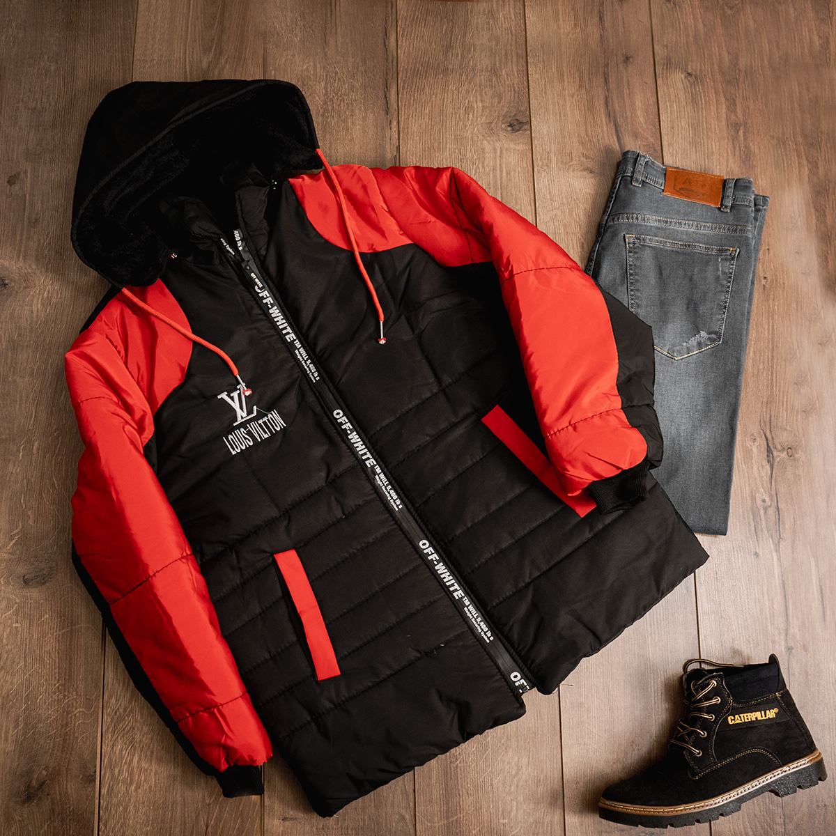 کاپشن مردانه مشکی قرمزمدل LV