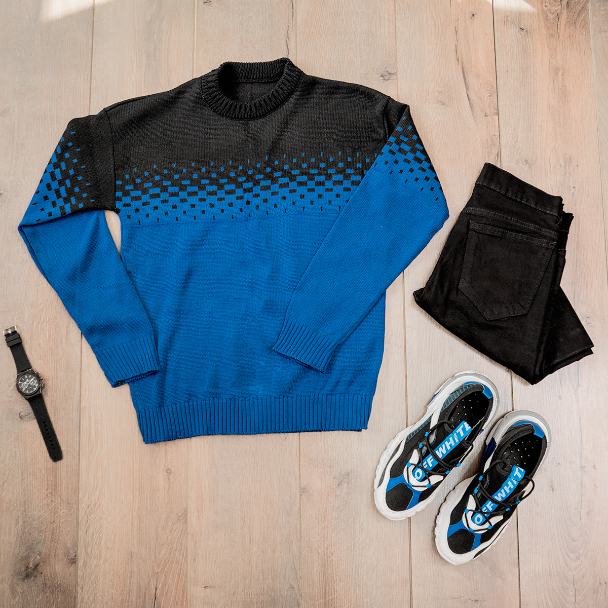 پلیور مردانه دو رنگ آبی مشکی مدلShatel