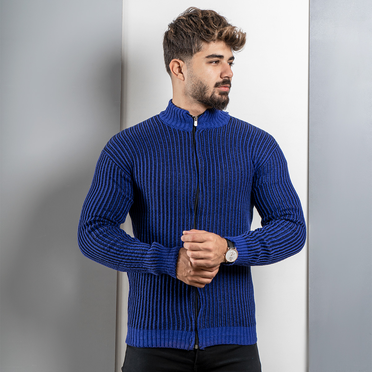 سوییشرت بافت (T)زیپ دار آبی مدلANOSH