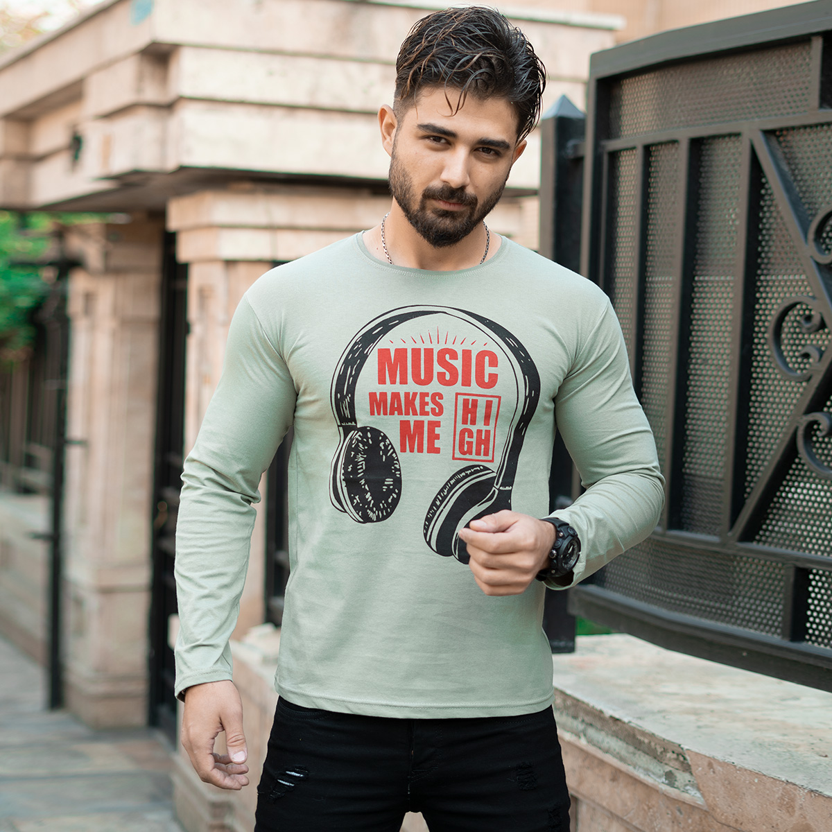 تیشرت آستین بلند مردانه طرح هدست سبز مدل O22