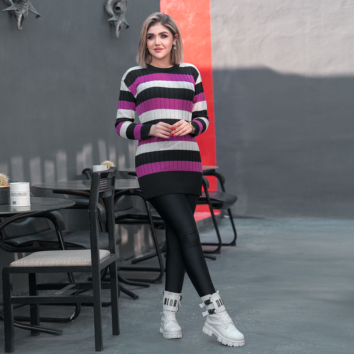 تونیک بافت زنانه راه راه بنفش مشکی مدل kareno