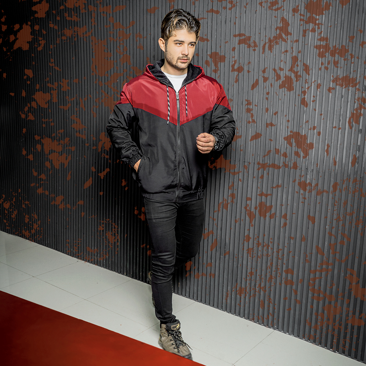 کاپشن مردانه مشکی زرشکی مدل K64