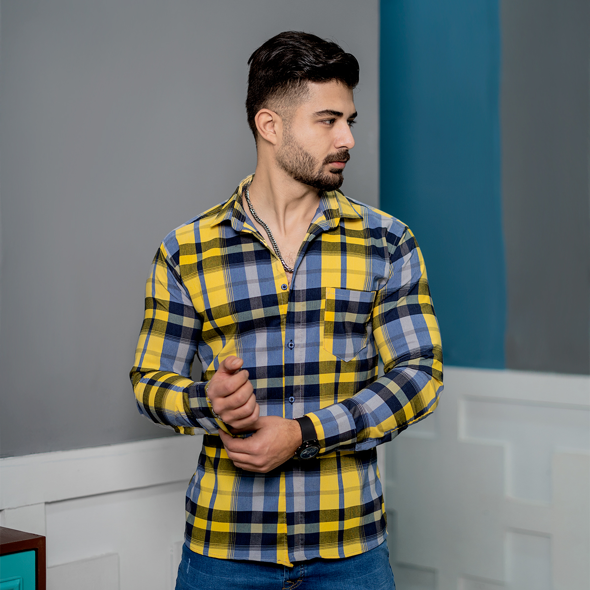 پیراهن چهارخانه زرد مدل oskar