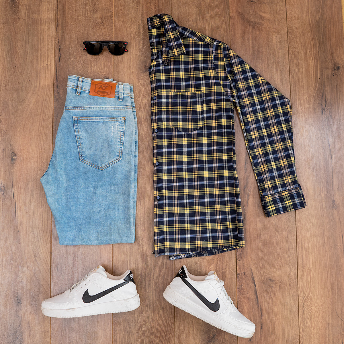 پیراهن چهارخانه زرد سرمه ای مردانه مدلDivan