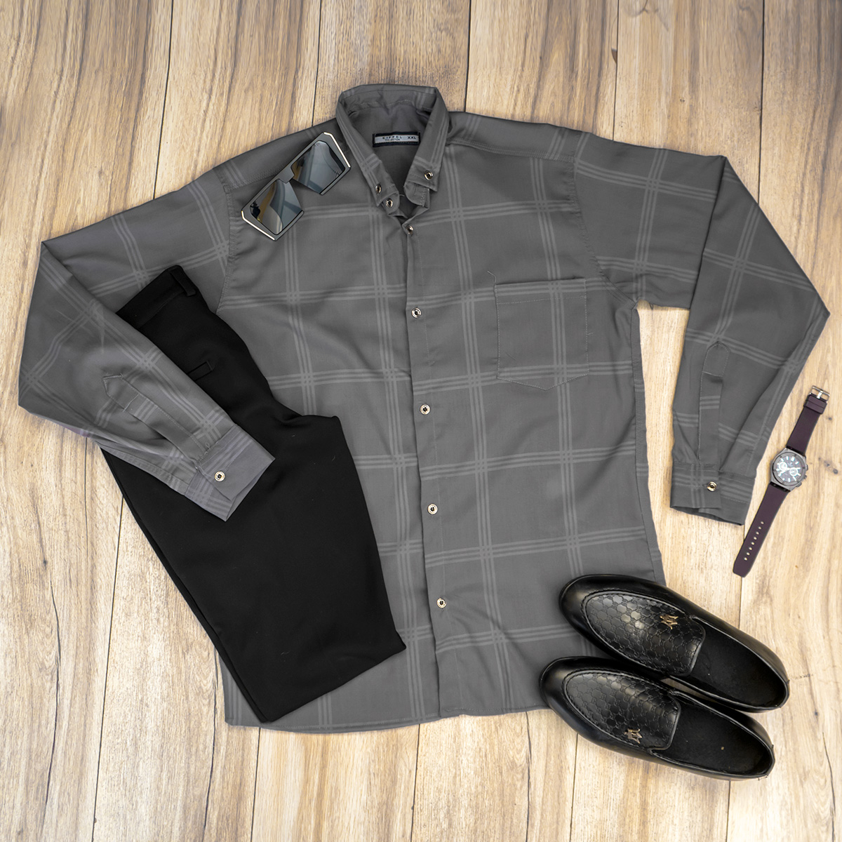 پیراهن مردانه چهارخونه طوسی مدل Ravin