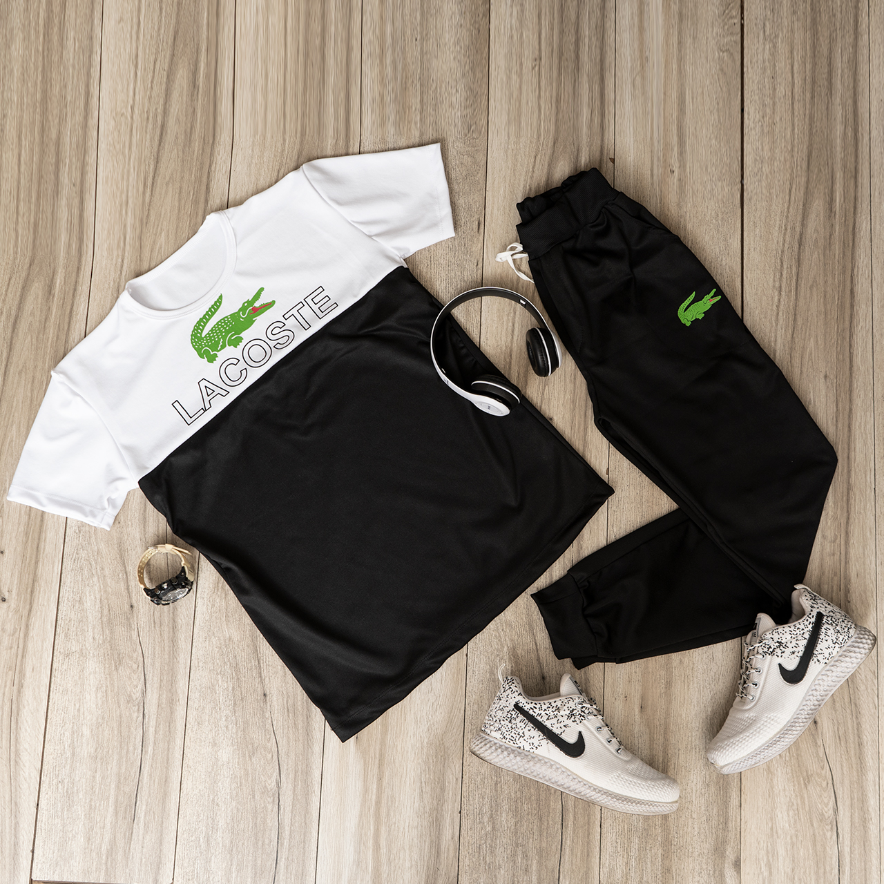 ست تیشرت شلوار مردانه سفید مشکی مدل Lacoste