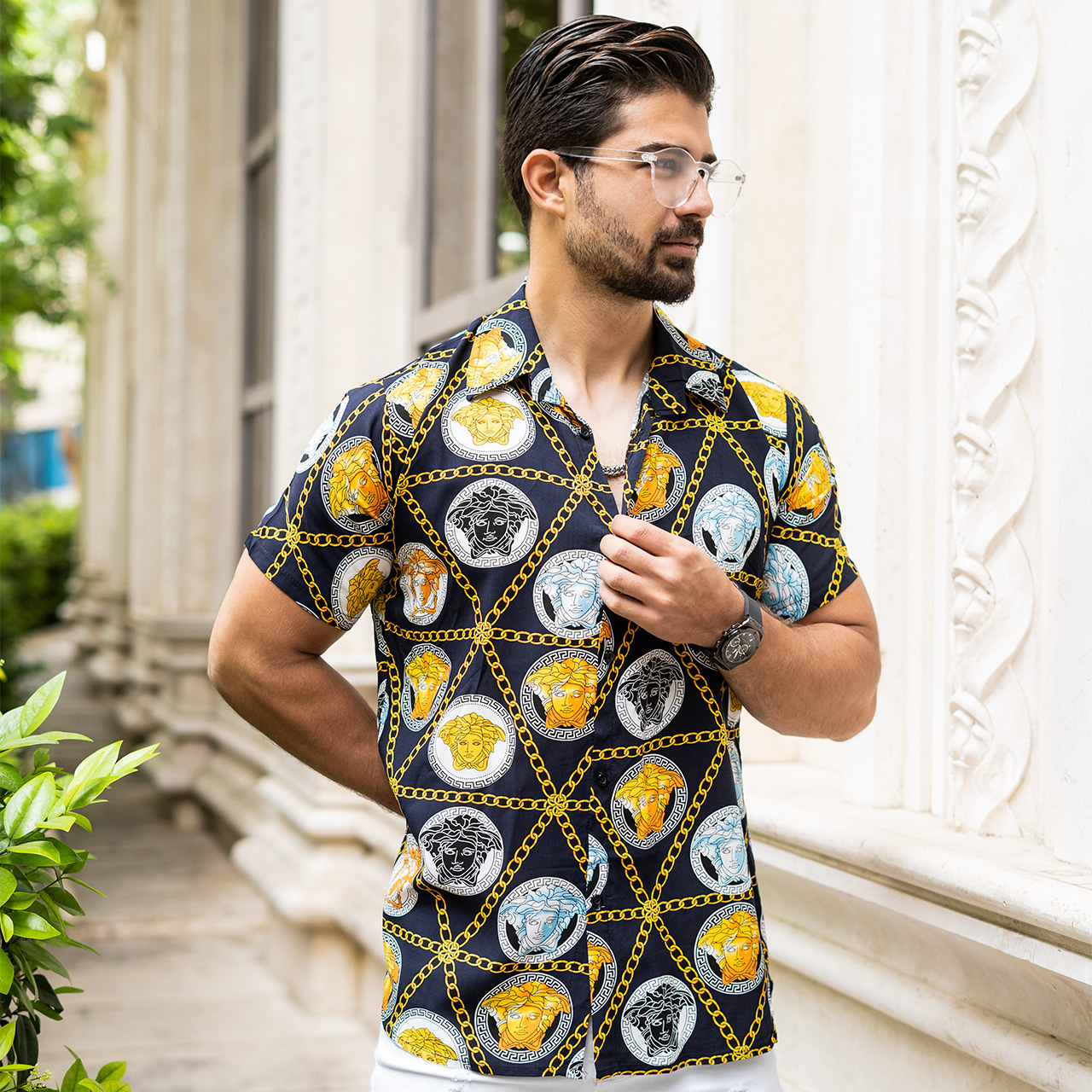 پیراهن هاوایی مردانه ورساچه سرمه ای مدل p8