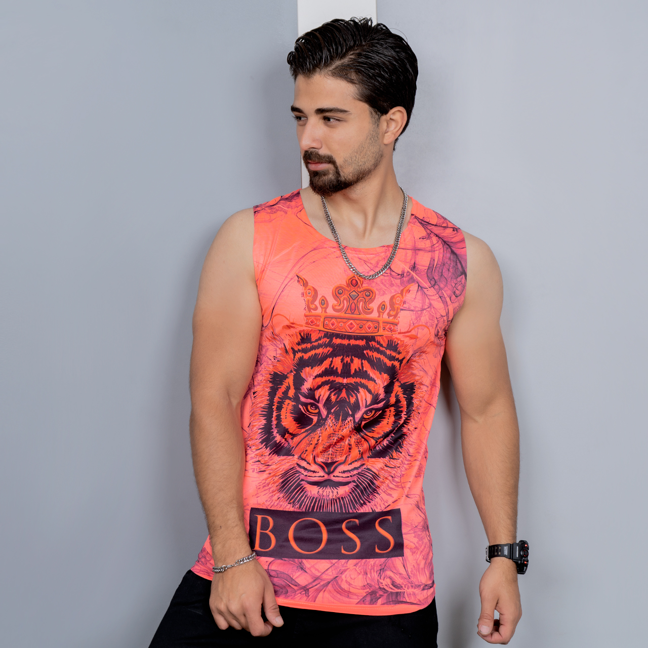 رکابی (T) صورتی طرح ببر مردانه مدل Boss