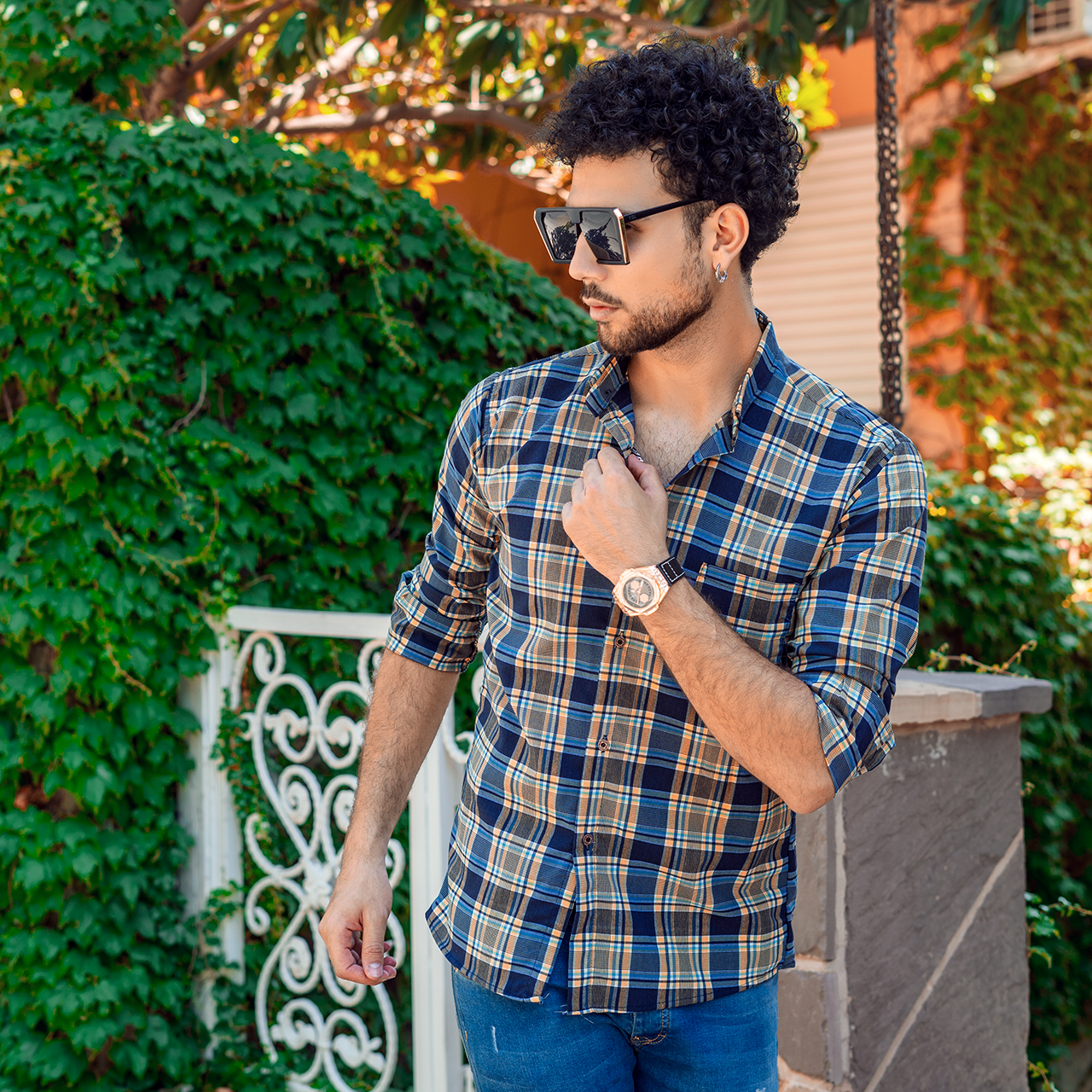 پیراهن چهارخونه مردانه آبی زرد مدل B14