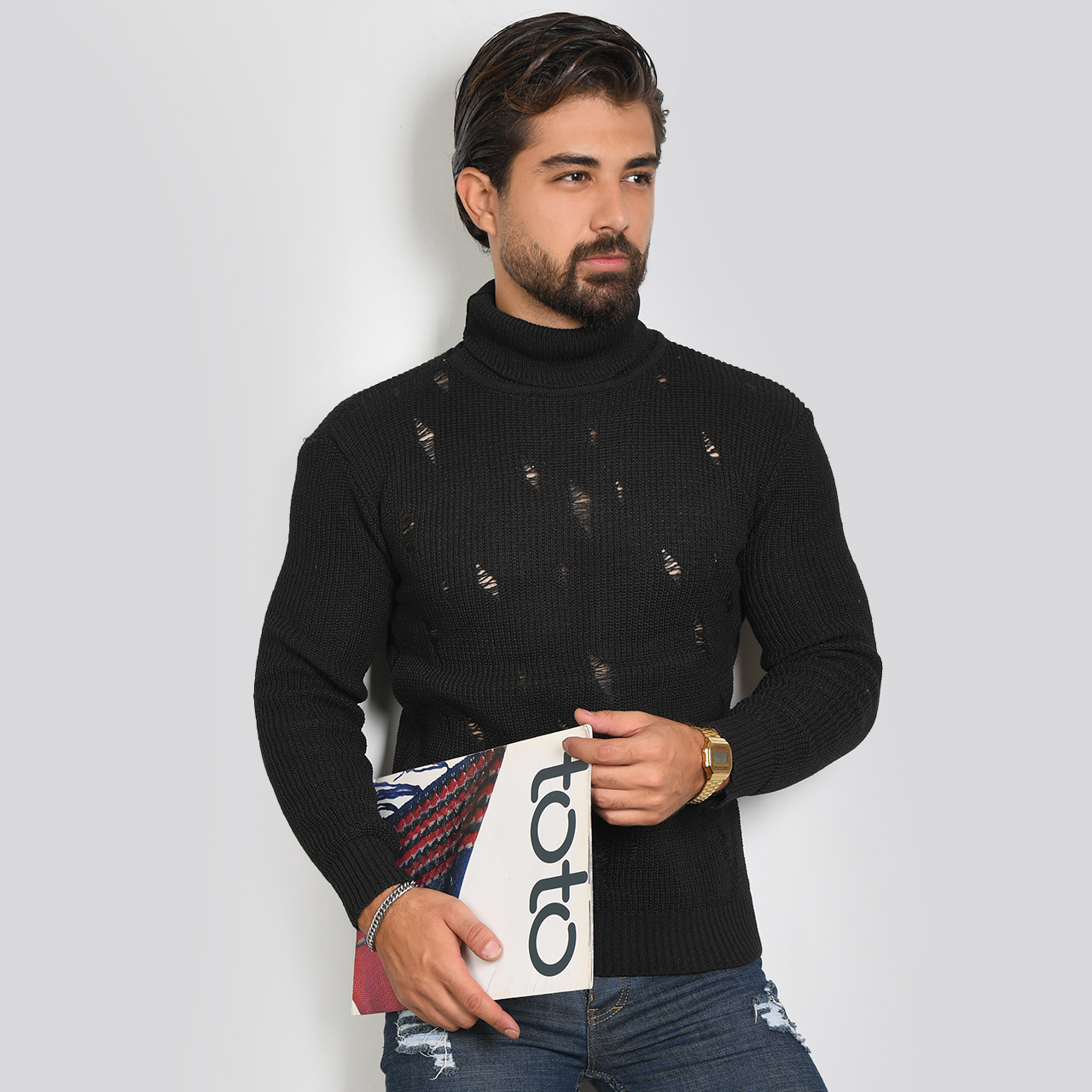 پلیور یقه اسکی مشکی زاپ دار مردانه مدل U10