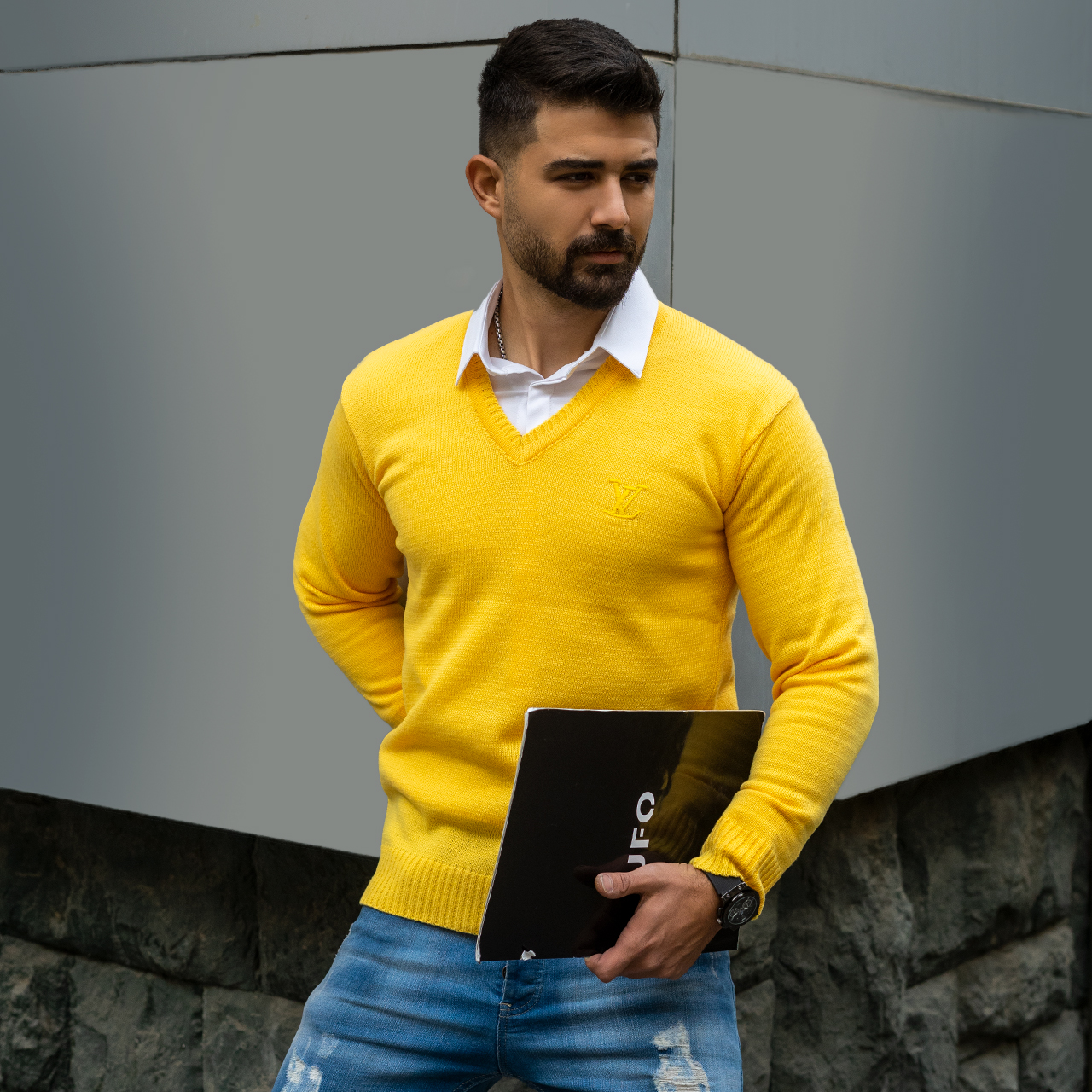 پلیوربافت یقه هفت زرد مردانه مدلETM