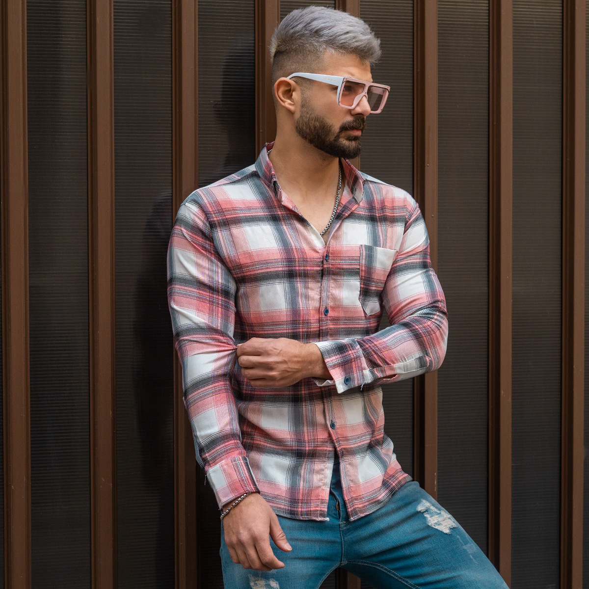 پیراهن مردانه چهارخونه صورتی طوسی مدل alvand