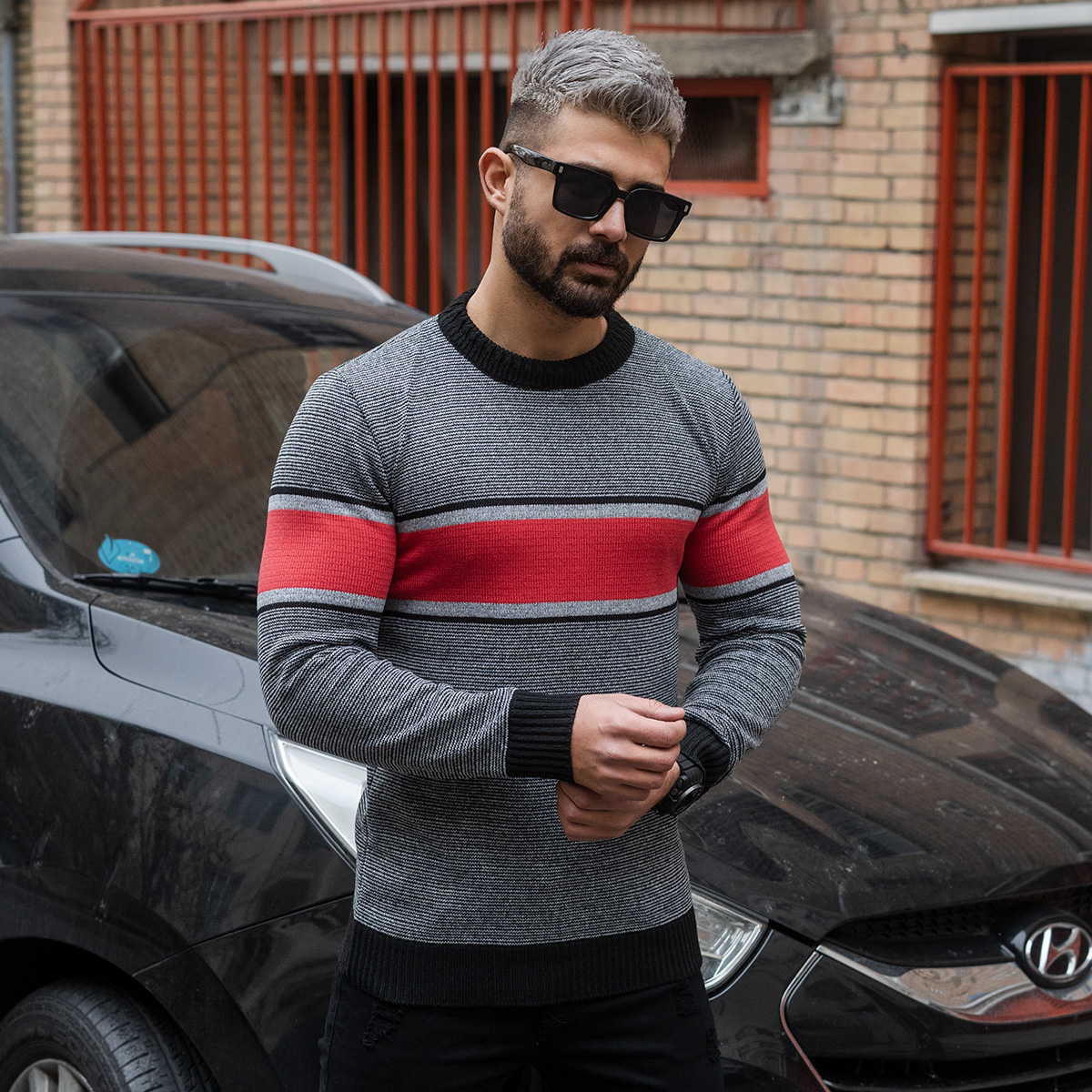 پلیور مردانه قرمز-طوسی مدل Madis
