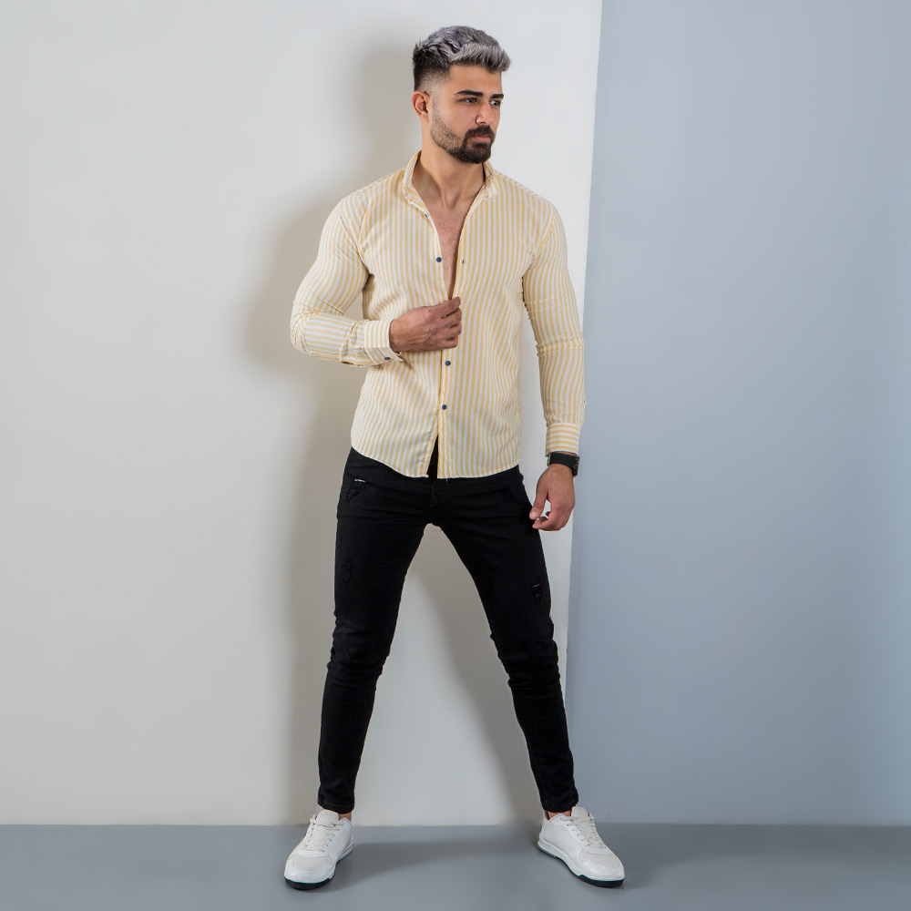 پیراهن راه راه سفید زرد مردانه مدل HAMED