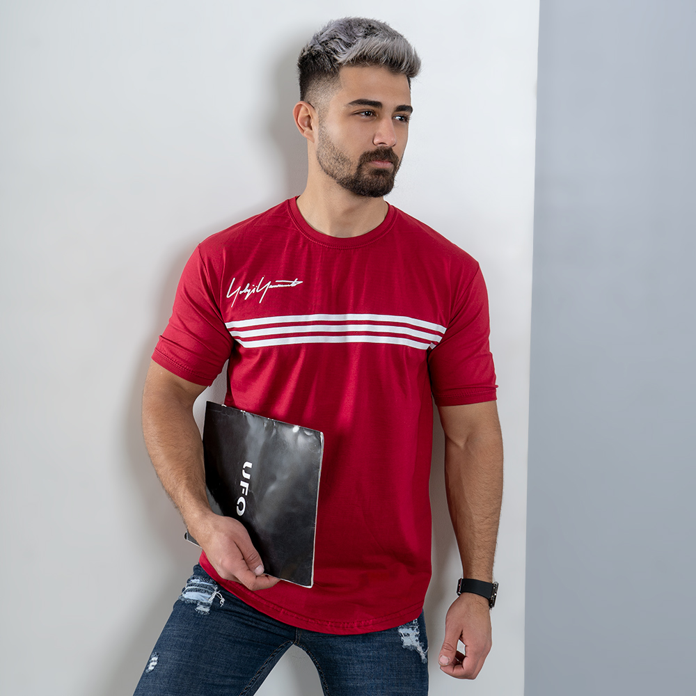 تیشرت مردانه سه خط زرشکی مدل DENVER