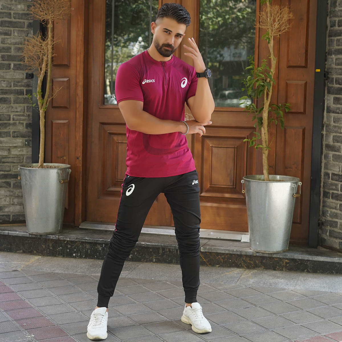 ست تیشرت شلوار مردانه زرشکی مدل ASICS