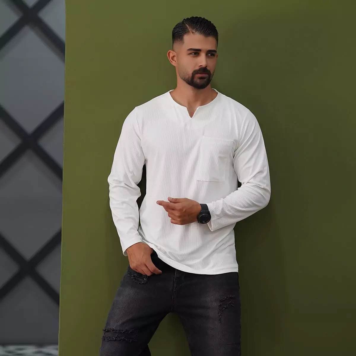 تیشرت آستین بلند یقه کوبایی سفیدمردانه مدل Asam