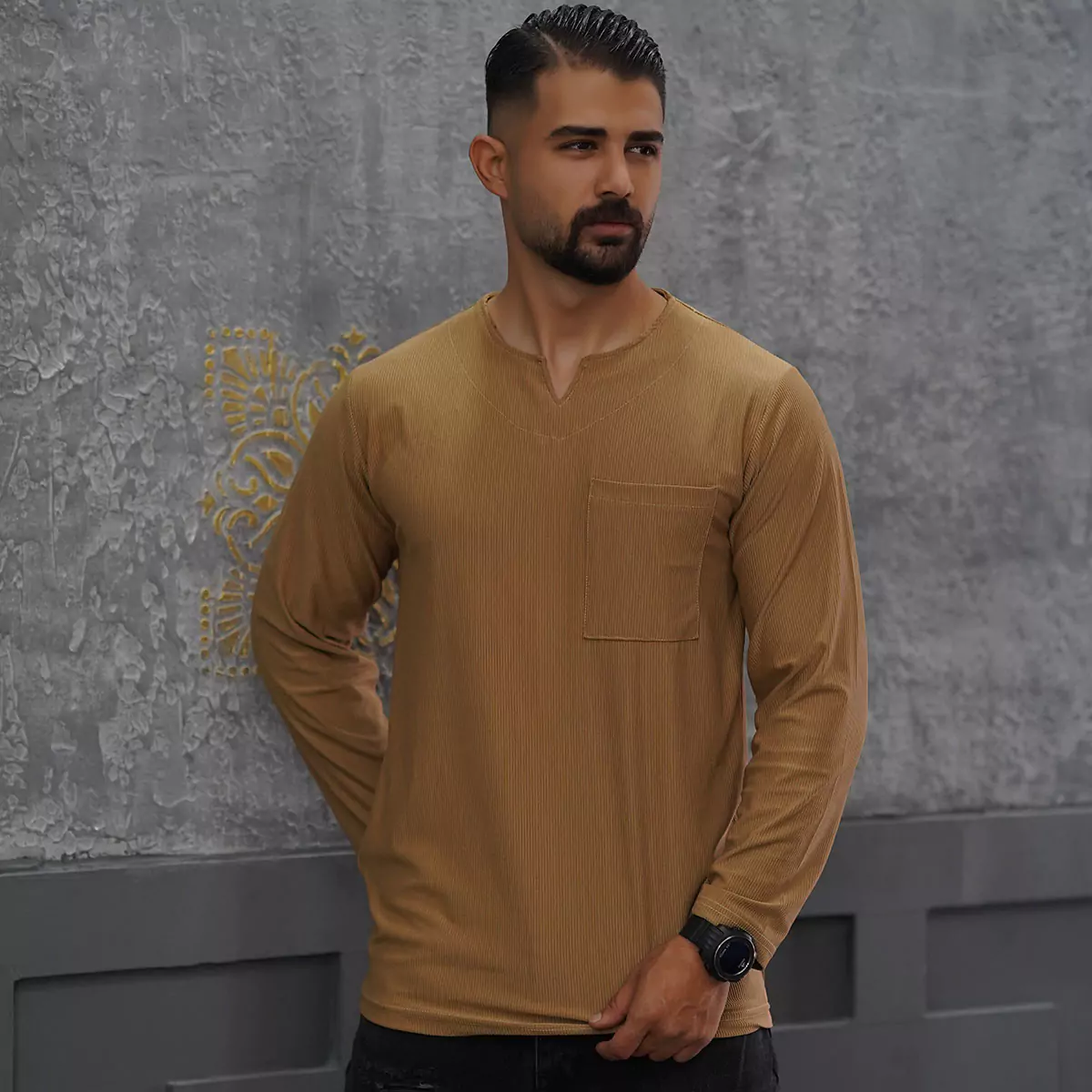 تیشرت آستین بلند یقه کوبایی کرم مردانه مدل Asam