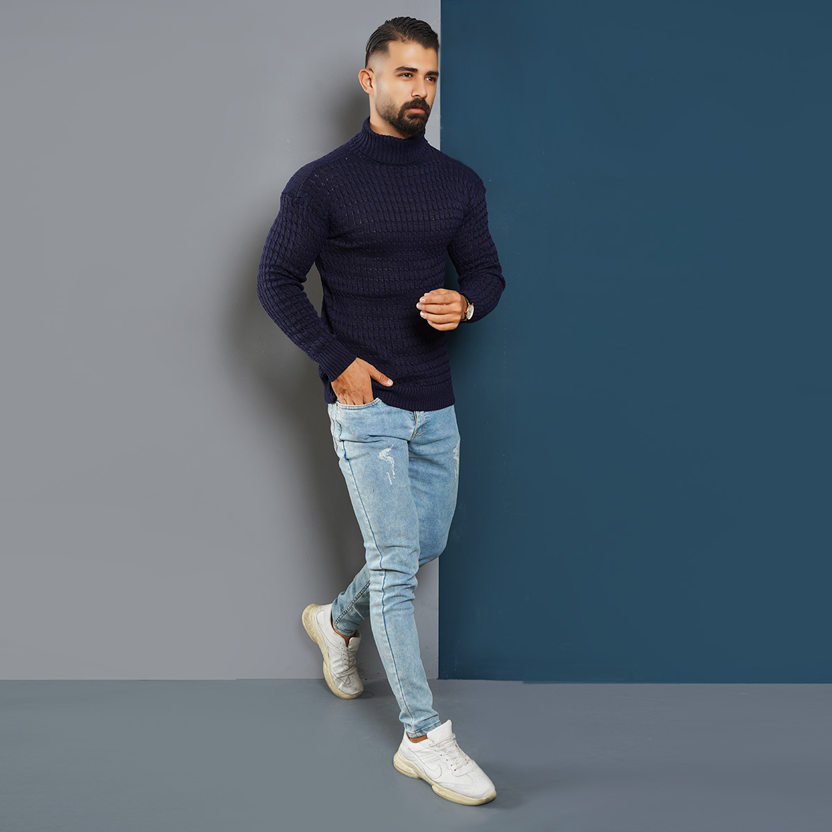 پلیوربافت مردانه سرمه ای یقه اسکی مدل Pouyan