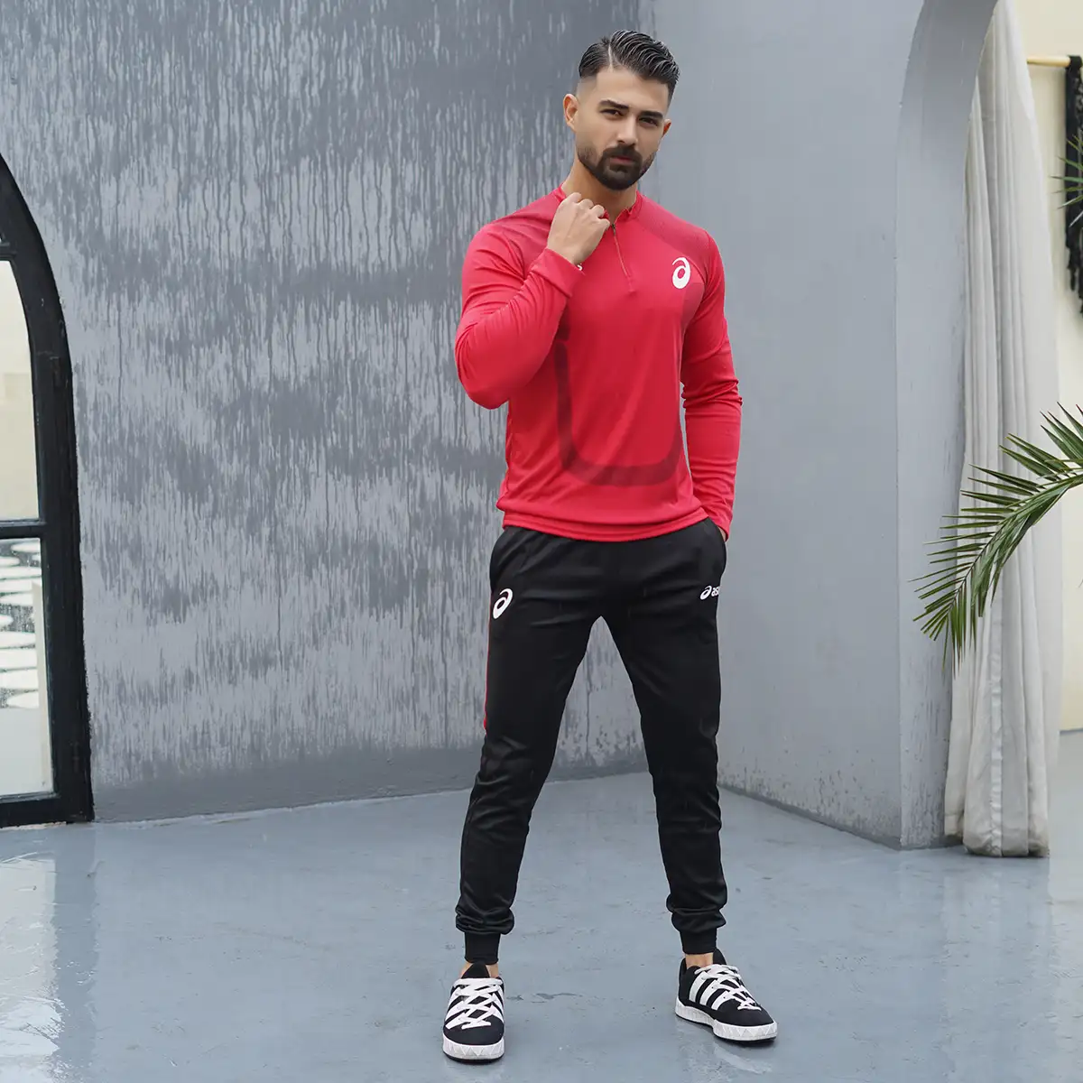 ست تیشرت آستین بلندشلوار مردانه قرمزمدل ASICS
