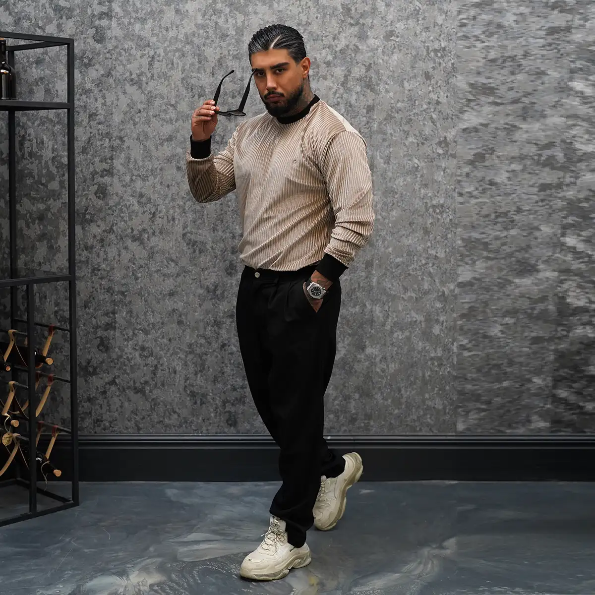 تیشرت آستین بلند کرم مردانه مدل Behrouz