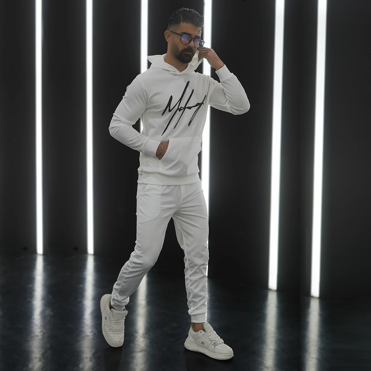 ست هودی شلوار سفید مردانه مدل maniyar