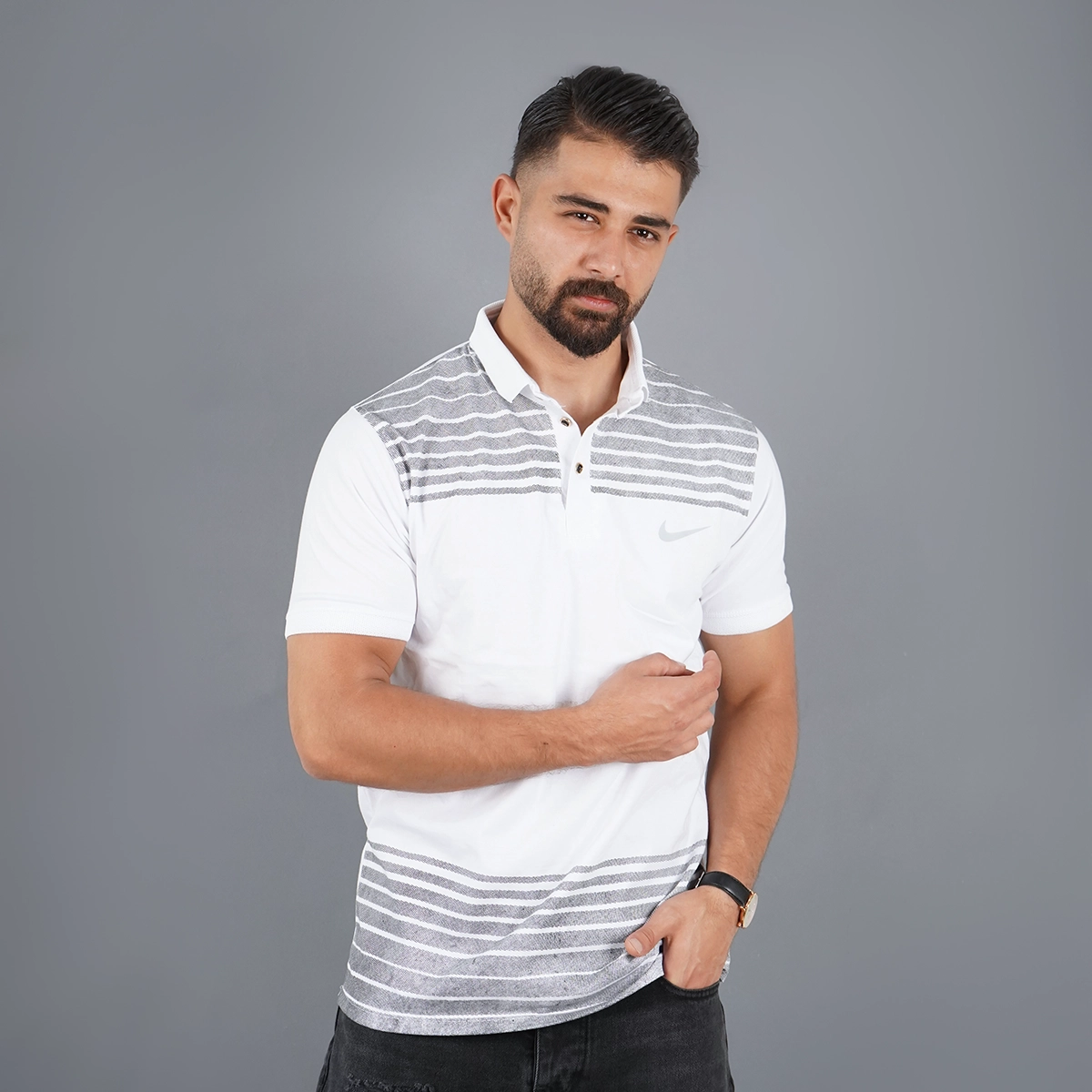 تیشرت یقه دار راه راه سفید مدل Farhan