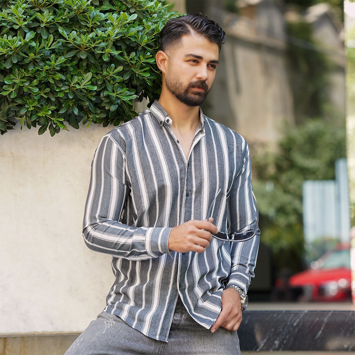 پیراهن راه راه طوسی مردانه مدل Ramin