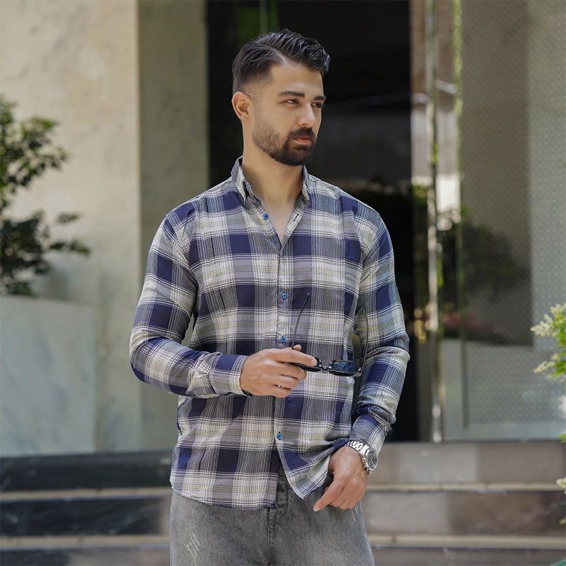 پیراهن چهارخونه سرمه ای زرد مردانه مدل Sany