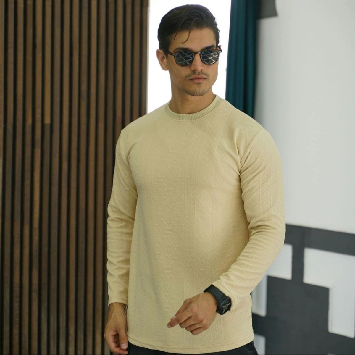 بلوز طرح دار مردانه مراکشی کرم مدل Nikan