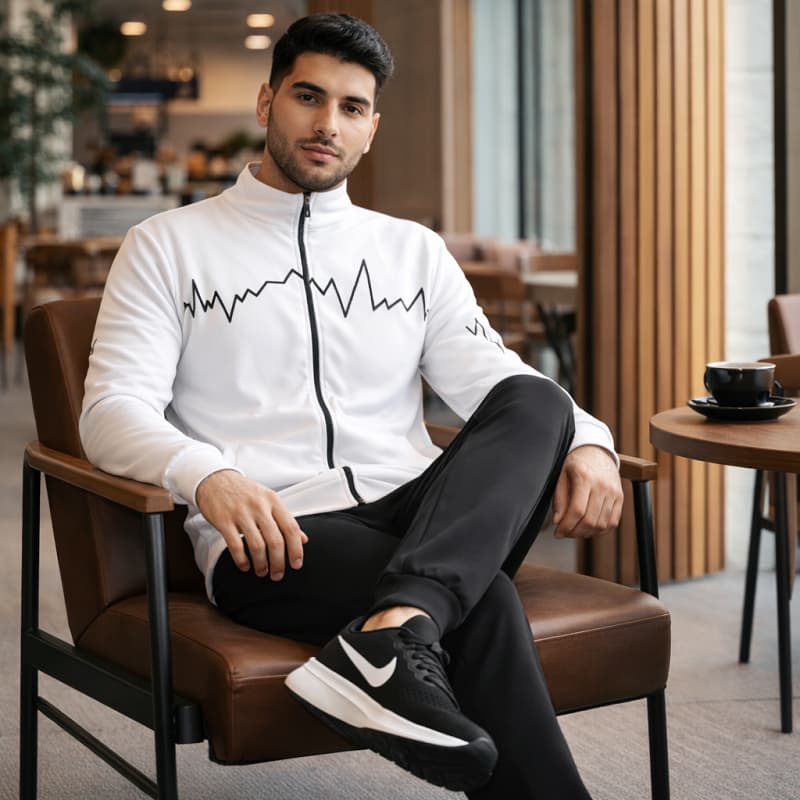 پکیج ست سوییشرت شلوار مردانه سفید مدل EKO  کفش ورزشی مردانه Nike مدل Tigo زیره سفید