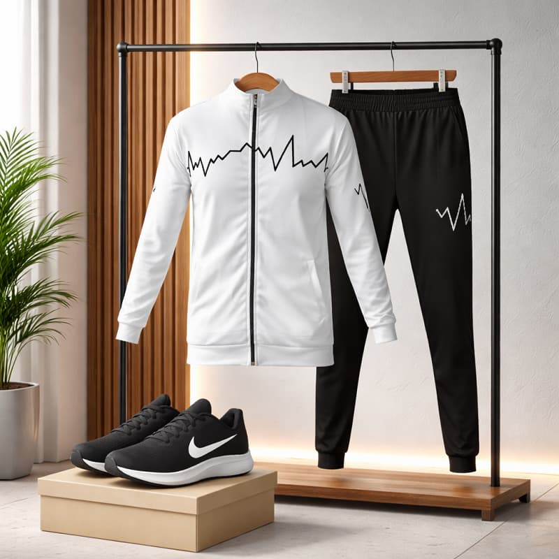 پکیج ست سوییشرت شلوار مردانه سفید مدل EKO  کفش ورزشی مردانه Nike مدل Tigo زیره سفید