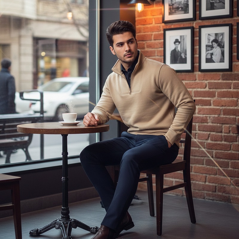 پکیج دورس مردانه نیم زیپ مدل Behbod-کرم  پیراهن مردانه مشکی VQویژه