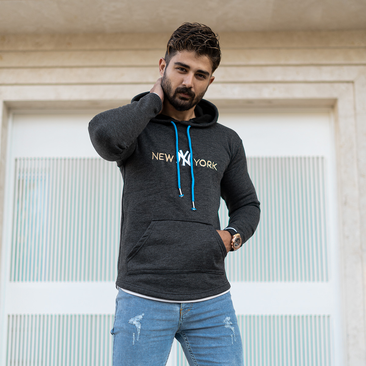 هودی مردانه مدل new york رنگ طوسی